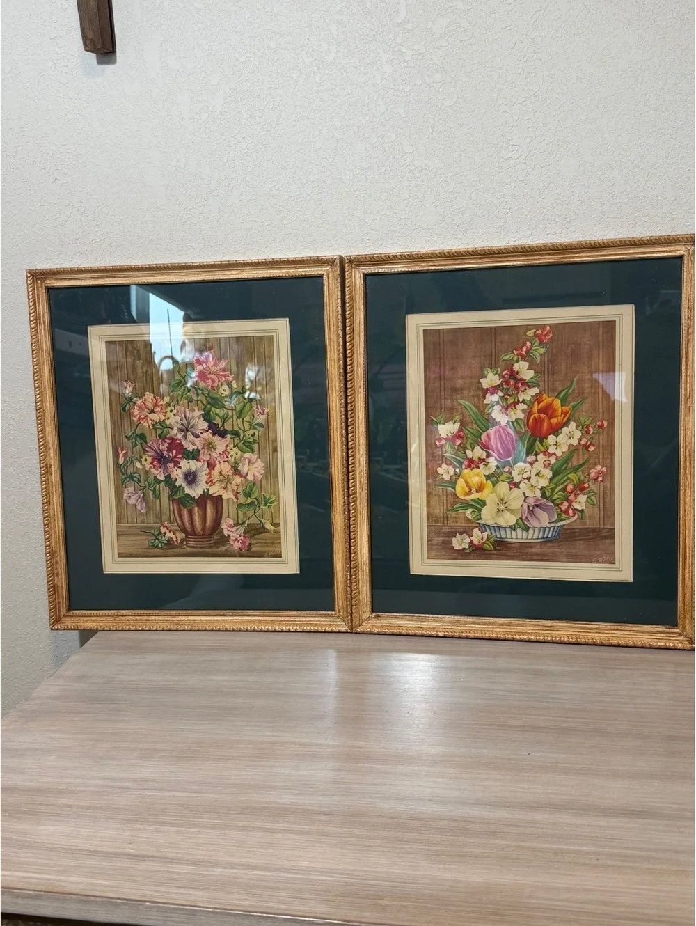 Pair of Vintage Floral E Wallis Prints in Mtaching Frames